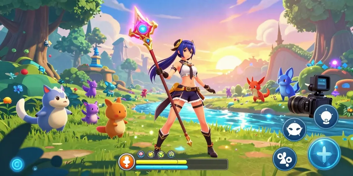 ecchi game character wielding magical staff in vibrant fantasy landscape