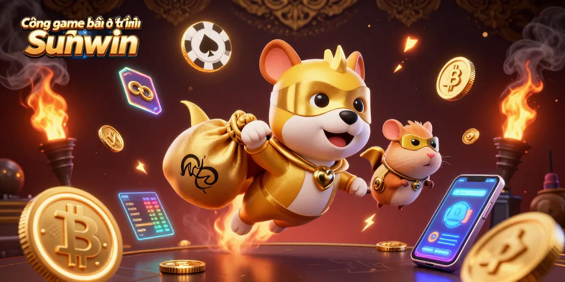 Cổng game bài đổi thưởng Sunwin showcases a superhero dog and sidekick amid vibrant casino elements in a stunning 3D illustration.