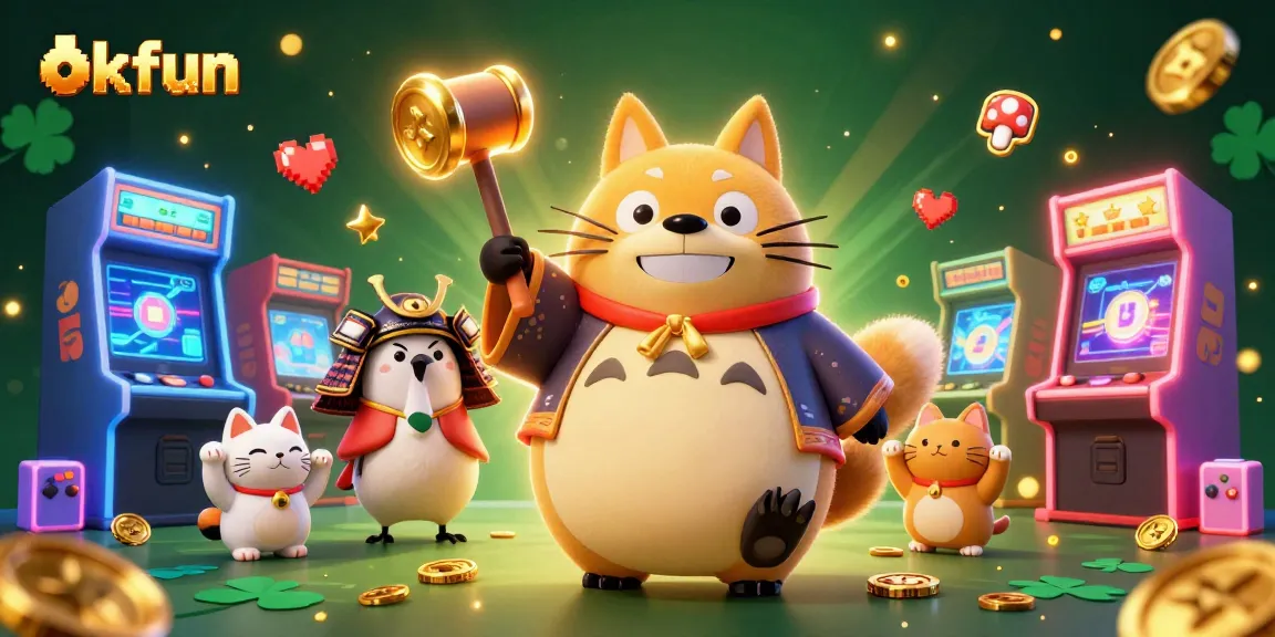 Experience excitement with okfun's vibrant 3D illustration of a cheerful tanuki and lucky cat at the casino.