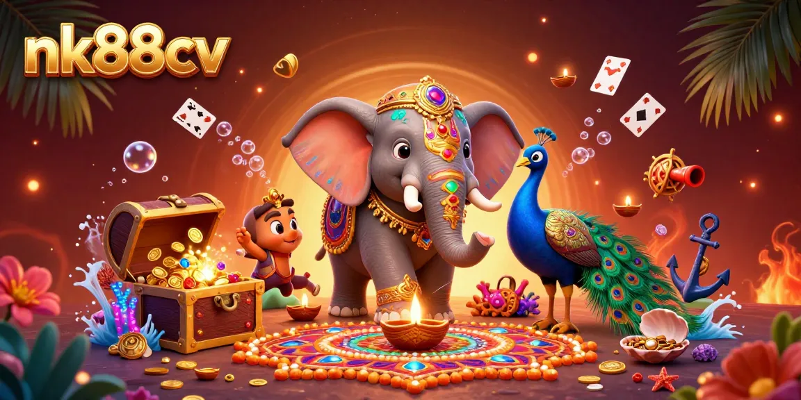 Engage with thrilling games at nk88cv, exploring a vibrant cartoon casino environment full of treasures.