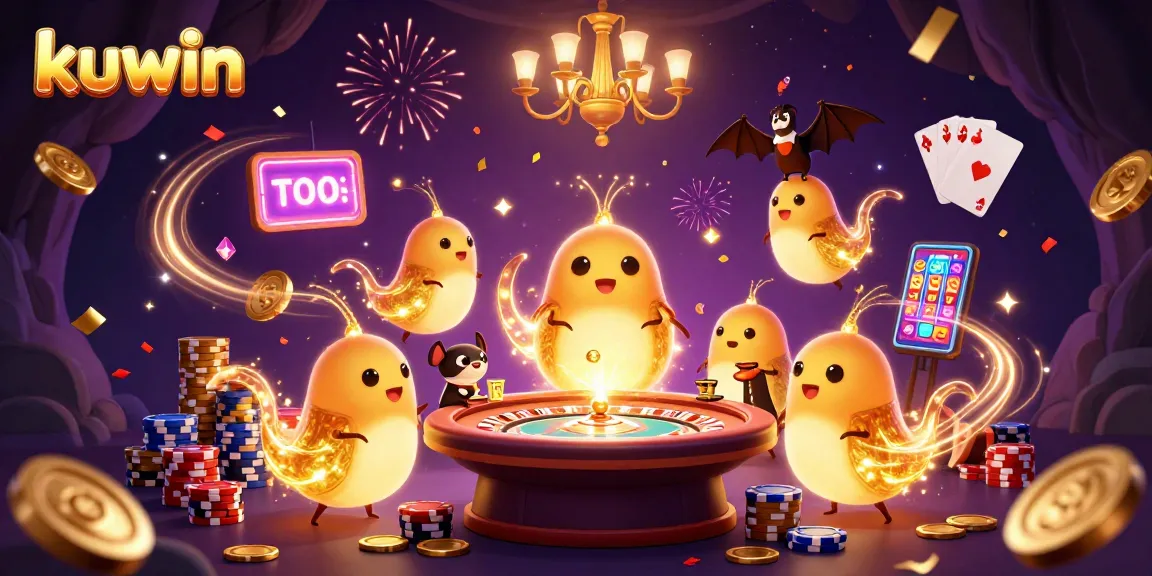Kuwin online casino illustration featuring vibrant glowworms lighting up a dynamic gaming scene filled with cash and excitement.