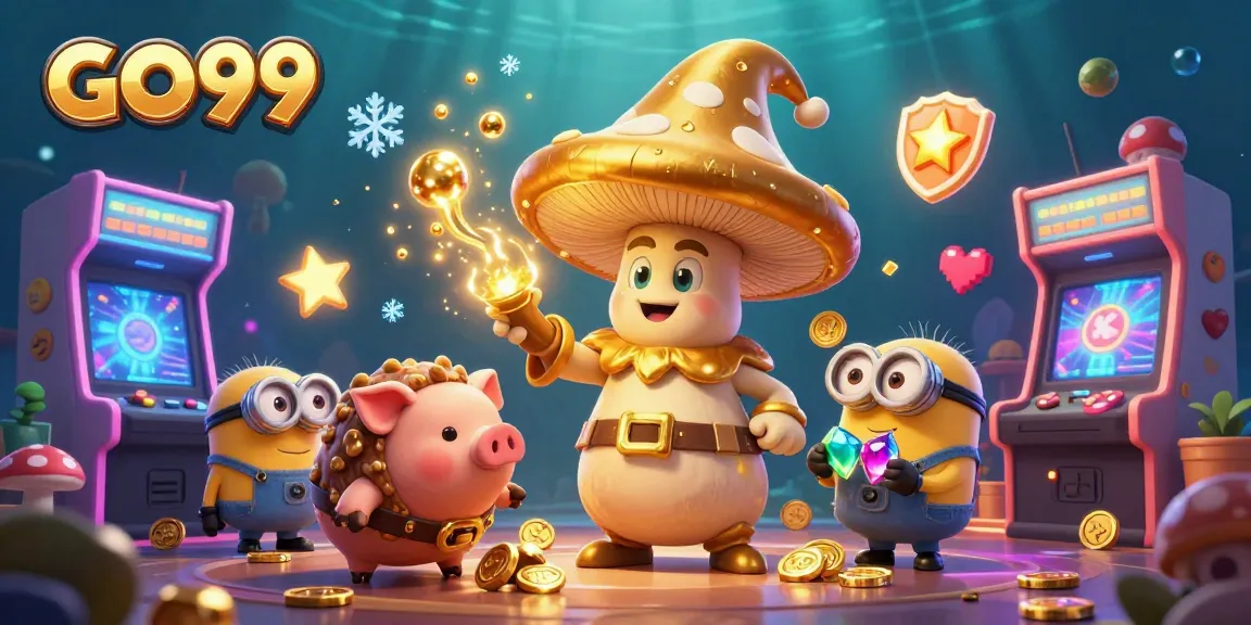 Engage with GO99's magical gaming experience featuring a wizard, treasure, and vibrant arcade elements.