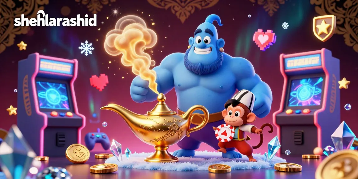 Engage with shehlarashid’s magical casino world, featuring a powerful genie and poker chips on a flying carpet.