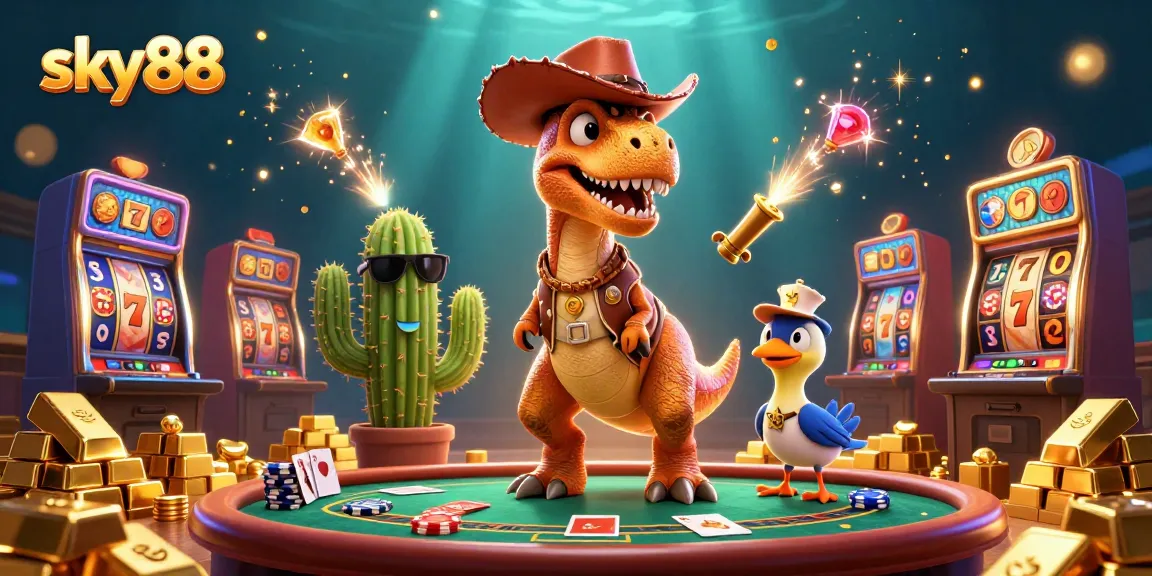 Experience a thrilling gamble at sky88 with vibrant characters in a bustling casino atmosphere.