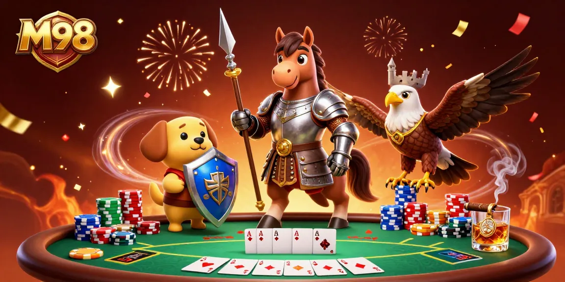 M98 showcases a vibrant poker scene with a knight, squire, and falcon celebrating at a table.