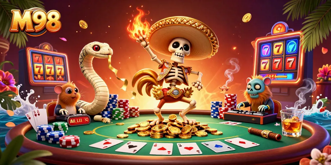 M98 slot gaming scene featuring vibrant characters and casino elements like poker chips and cards.