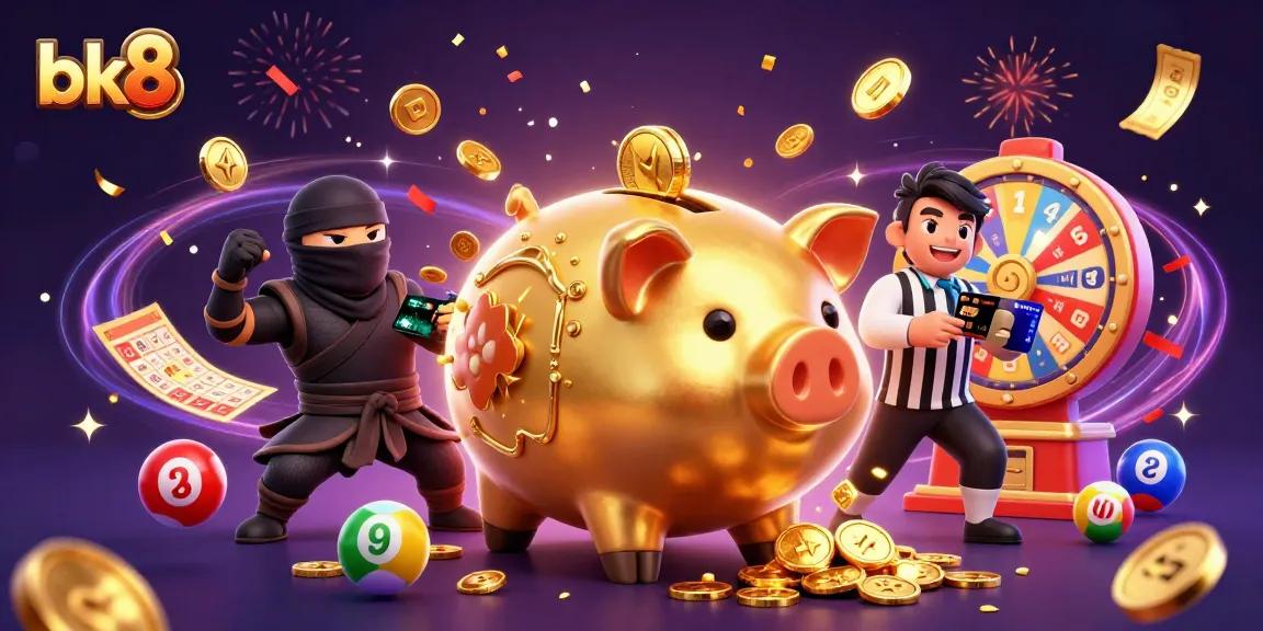 Experience excitement at bk8 with a dynamic scene featuring a golden piggy bank sumo wrestler and lively lottery elements.