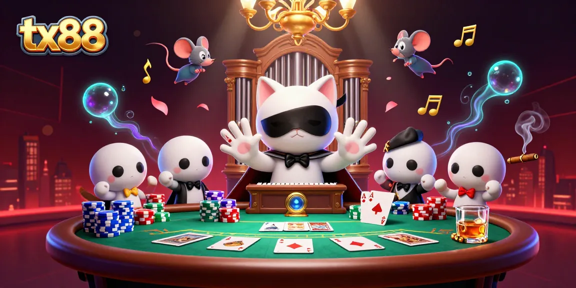 Experience the thrill of tx88 with this vibrant casino illustration featuring poker dynamics and whimsical characters.