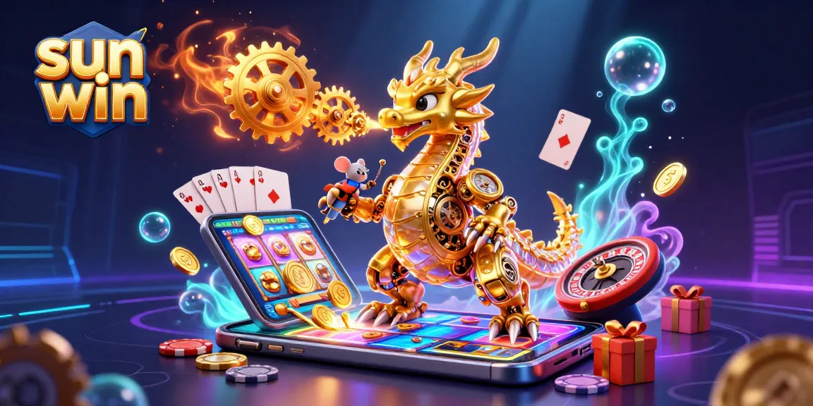 Engage in sun win gaming as a golden dragon breathes gears in a dynamic casino scene.