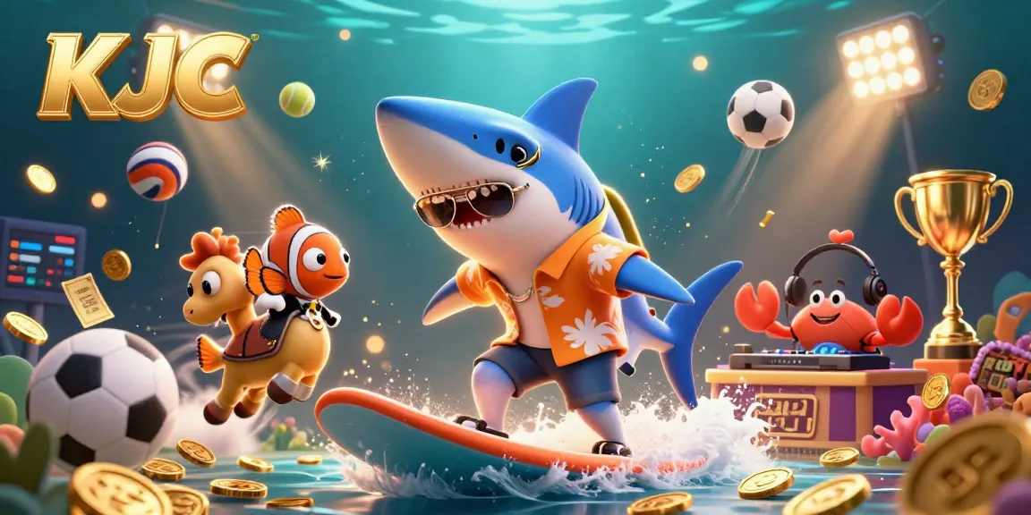 KJC brings excitement with a hammer-head shark surfing gold coins while celebrating wins in a vibrant casino scene.