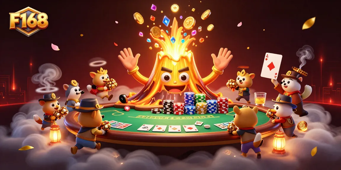 Engage with thrilling F168 casino adventures featuring a volcano erupting treasures and poker action